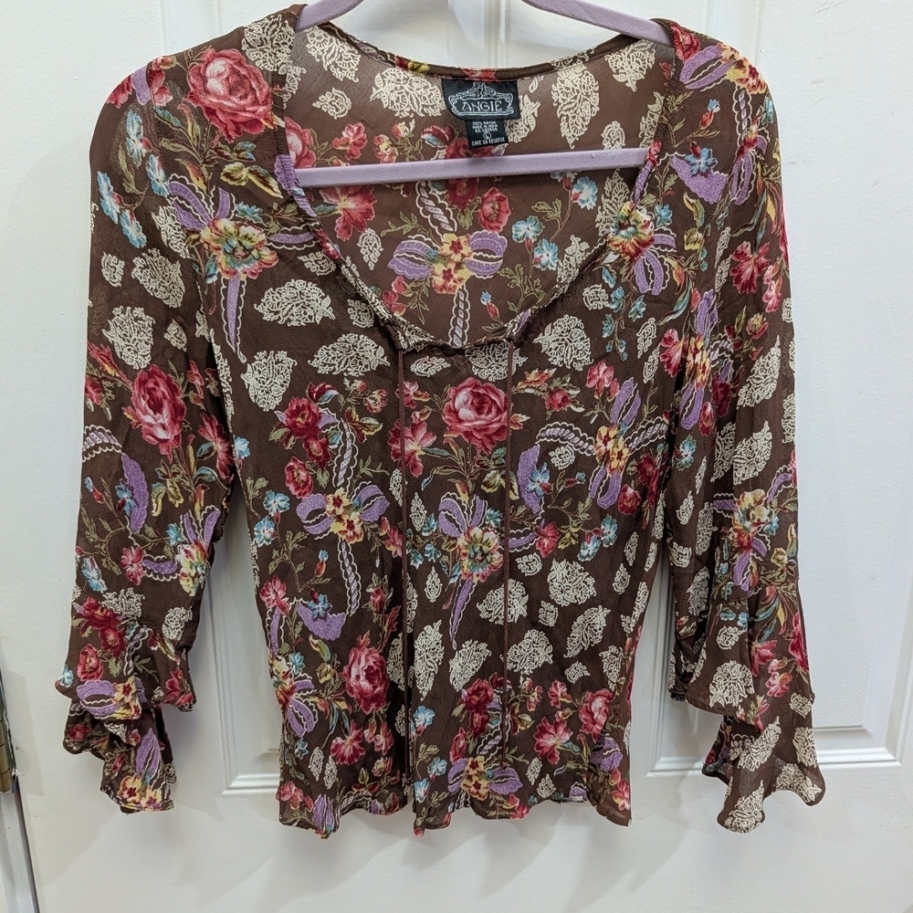 Angie Y2K Sheer Brown Bell Sleeve Top